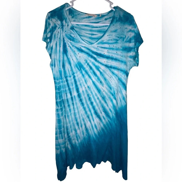 SOFT SURROUNDINGS Tunic Mira Costa Turquoise Tie Dye Size Medium Boho Rhinestone - Picture 7 of 7